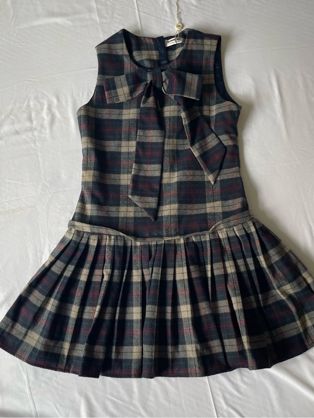 Girls Plaid Bow-Front Drop-Waist Dress - Navy & Cream